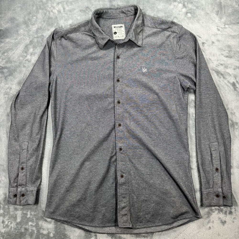 YoungLA Mens Gray Long Sleeve Button Down Shirt Large Cotton Blend Logo Logo